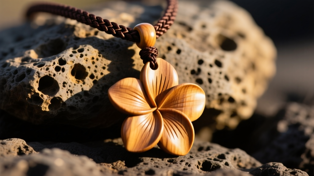 Close-up of a carved koa wood plumeria flower pendant on a dark brown braided cord, resting on a sunlit volcanic rock surface.
