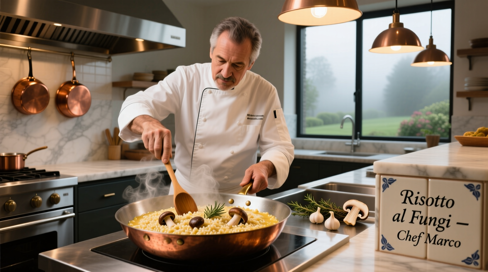 Chef preparing savory mushroom risotto