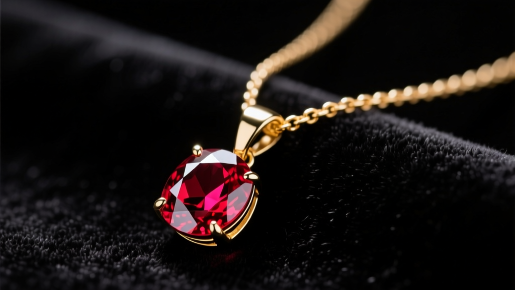 Close-up of a gold necklace with a vibrant red ruby pendant resting on dark velvet, soft studio lighting highlighting the facets.