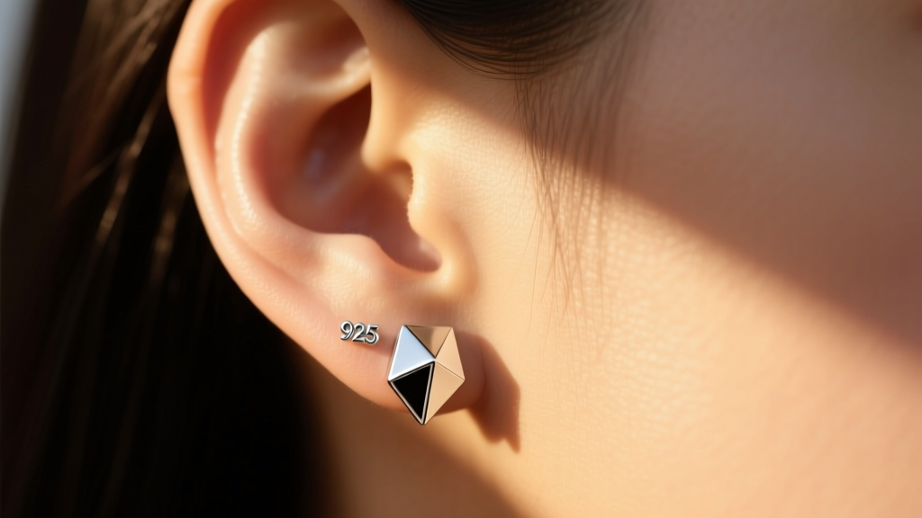 Profile of an ear wearing a geometric 925 sterling silver stud earring, with warm sunlight highlighting the polished silver and skin.
