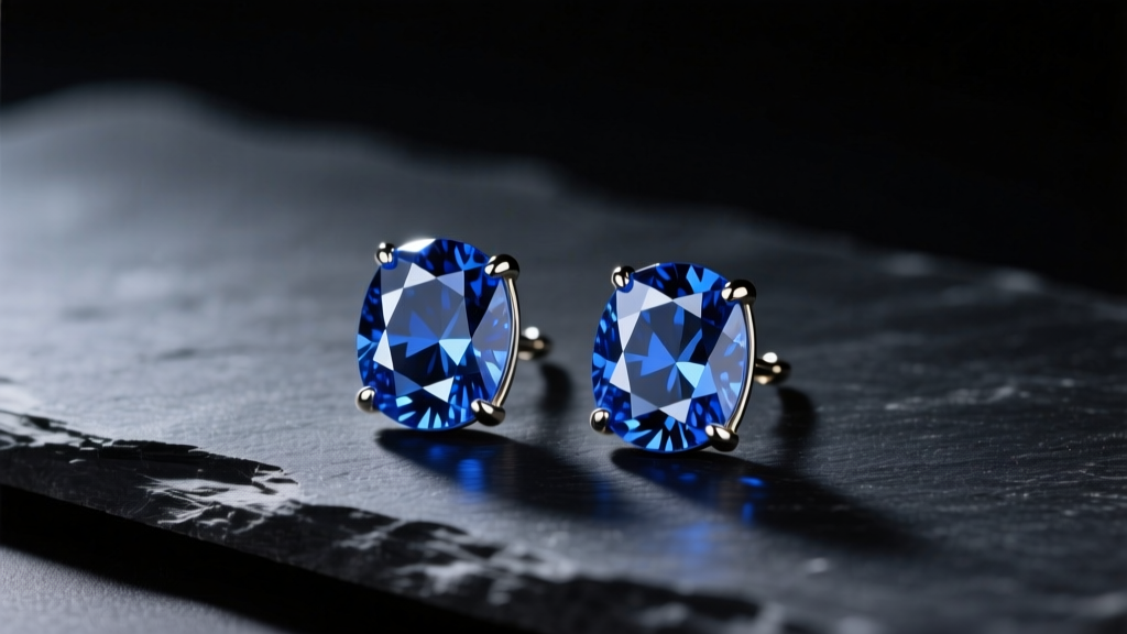Close-up of dangling blue sapphire earrings on dark slate, illuminated by soft directional studio lighting to show facet detail