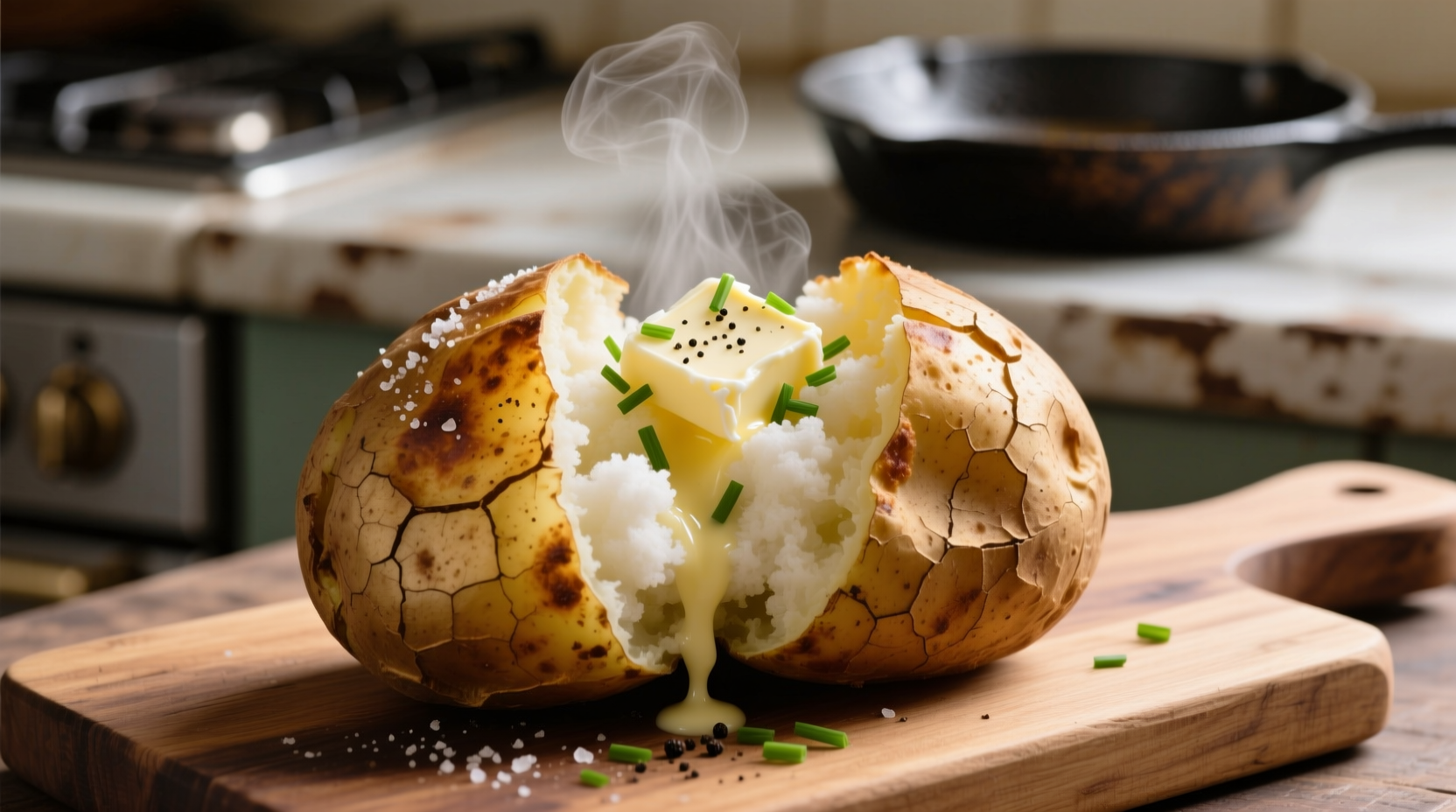 Perfectly cooked jacket potato with crisp skin and fluffy interior
