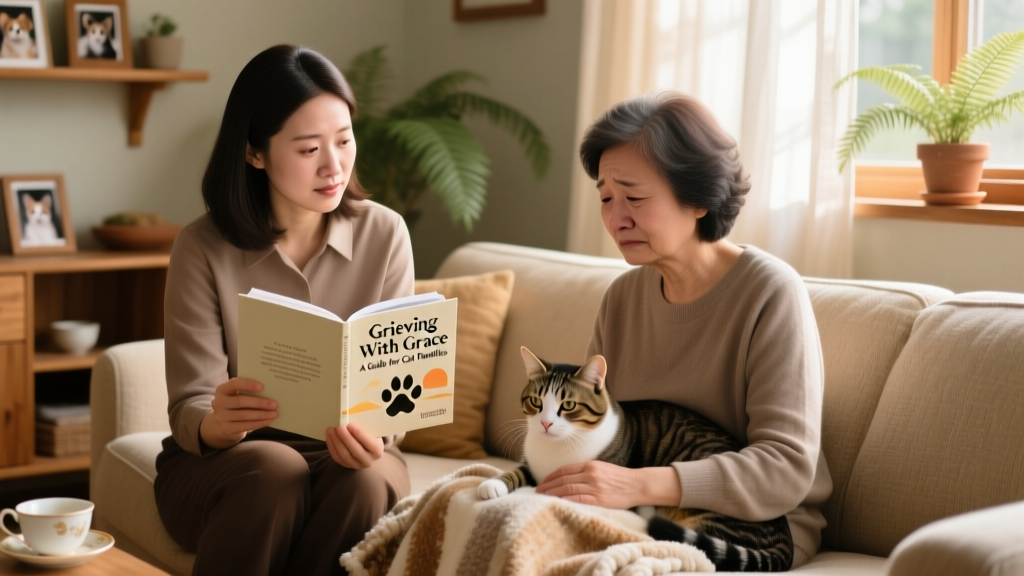 A warm, candid photo of a FurPetVo counselor seated beside a grieving owner, holding a small booklet titled 'Grieving With Grace: A Guide for Cat Families'