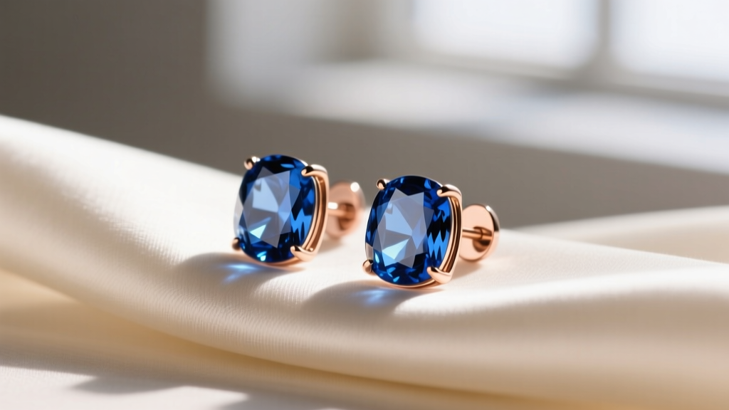 Close-up of Pomellato Nudo earrings with deep London blue topaz gems set in 18k rose gold, resting softly on cream silk fabric.