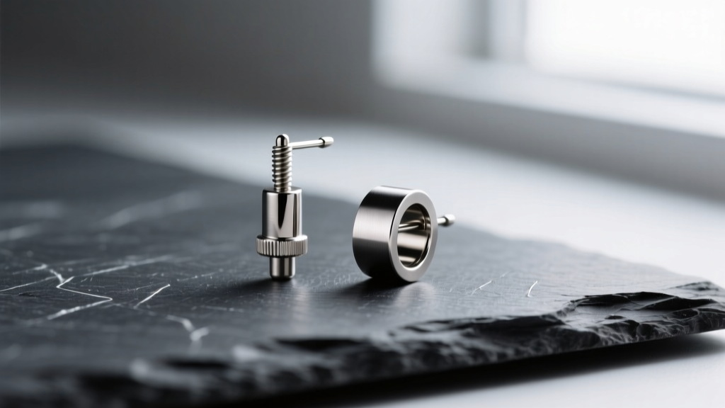 Macro shot of a titanium earring post and friction clutch on dark slate, with soft lighting highlighting the polished metal grain