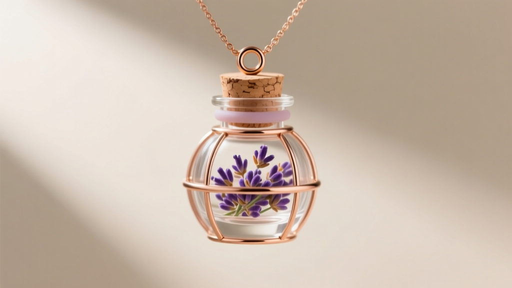 Glass aromatherapy necklace pod with a rose gold cage on dried lavender, showing the silicone O-ring seal on the cork stopper.
