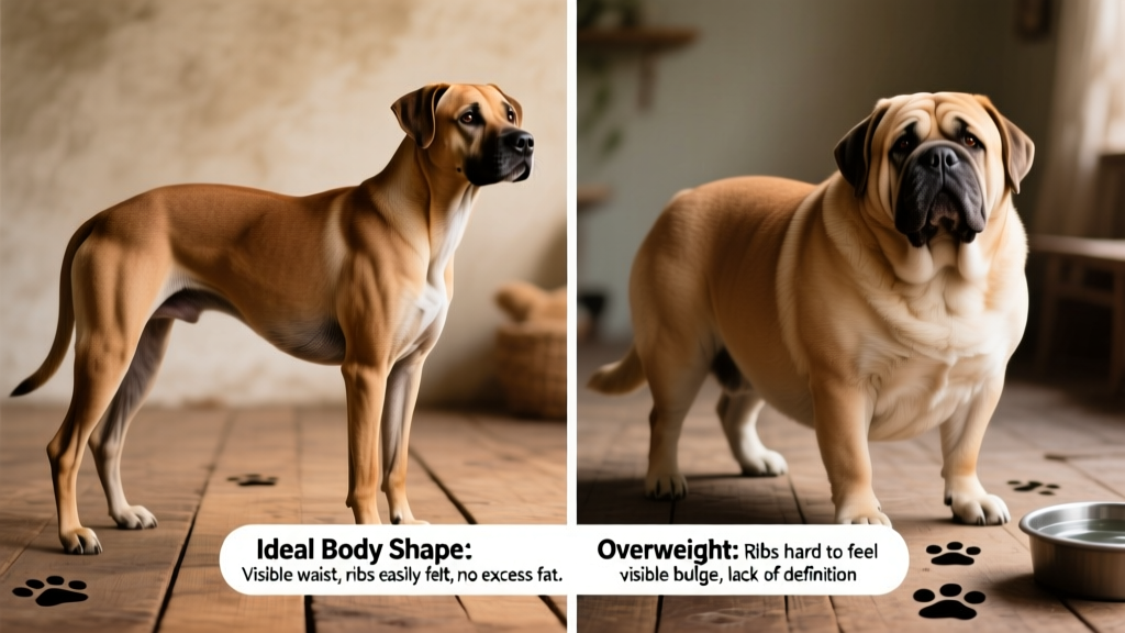 Diagram comparing ideal vs. overweight dog body shapes with labeled features