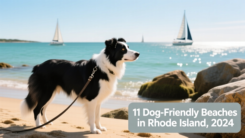 Sunny afternoon at Second Beach: leashed border collie gazing toward the water, with rocky outcrops and distant sailboats visible