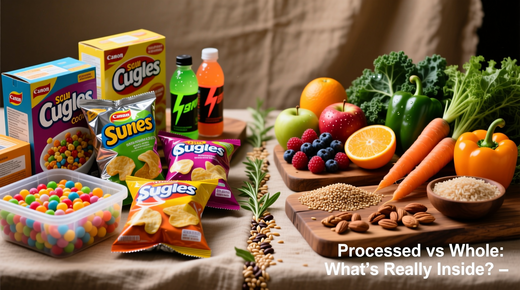 Colorful display of processed versus whole foods