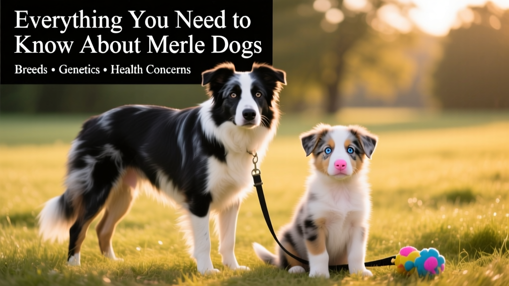 Side-by-side comparison of a healthy merle Border Collie and a double merle puppy with visible eye abnormalities and pink nose