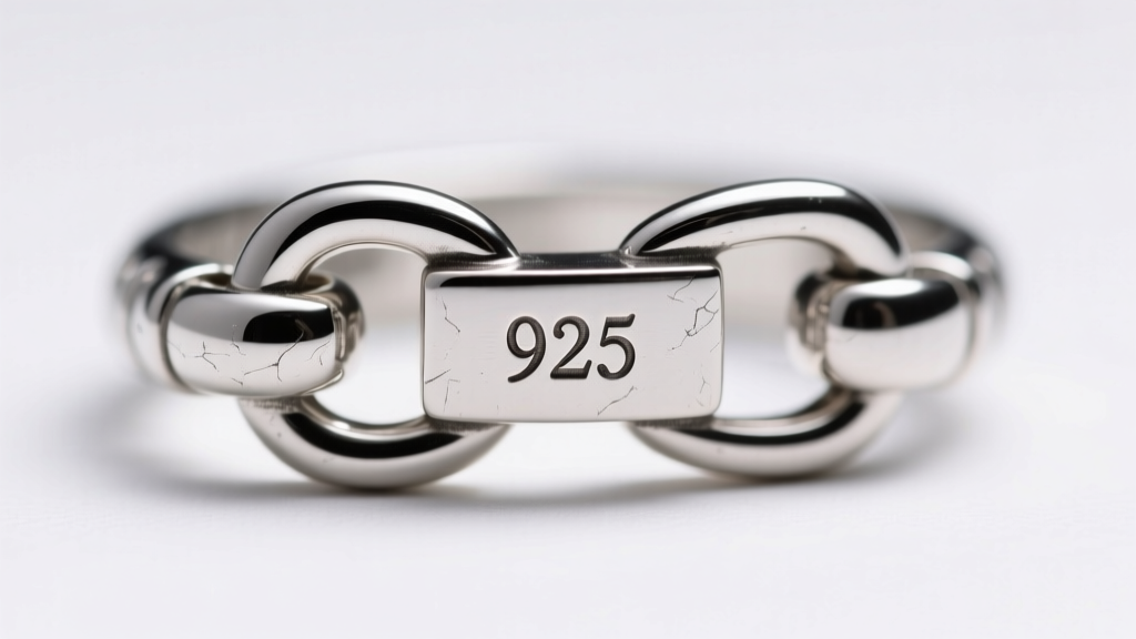 Macro close-up of a sterling silver lobster clasp showing a crisp 925 hallmark stamp, lit by soft directional studio lighting