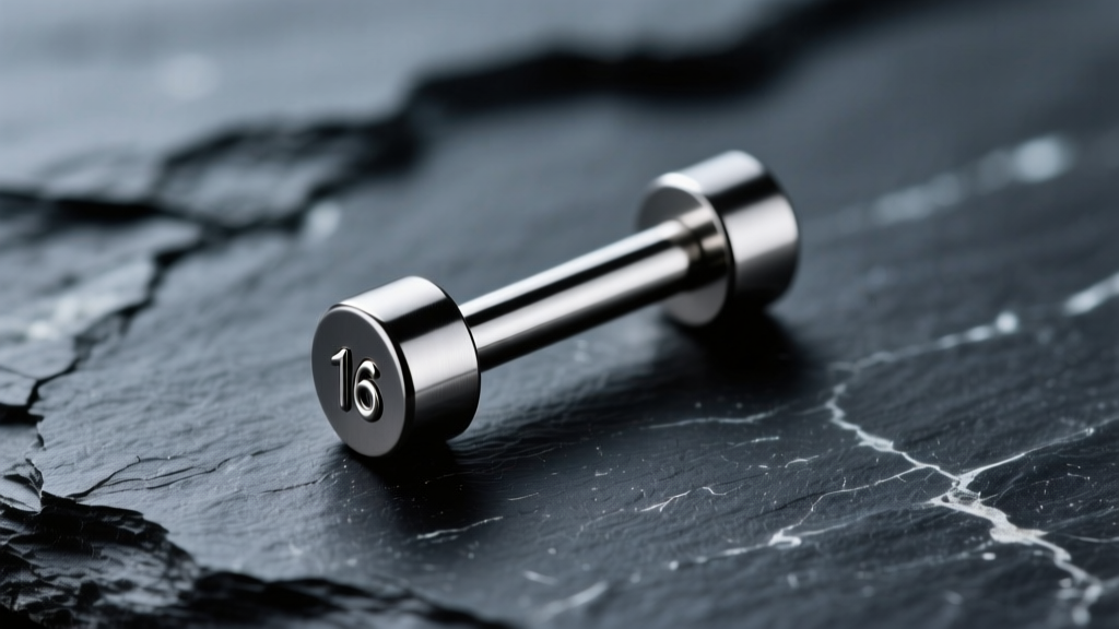 Macro view of a titanium 16-gauge flat back labret post resting on dark slate under soft, directional studio light