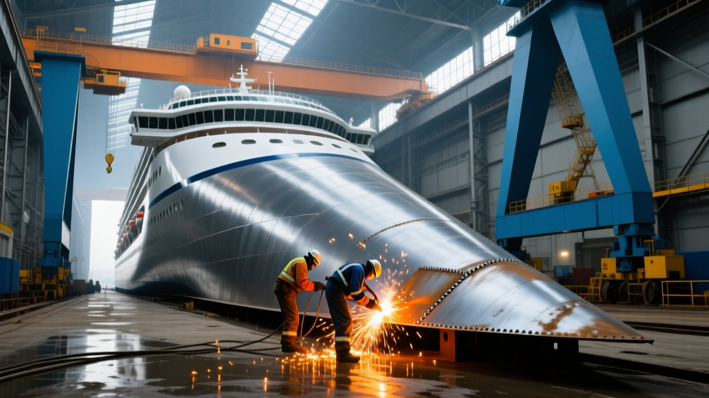 Massive cruise ship hull in a drydock illuminated by gantry cranes, with workers welding marine-grade steel plating on the bow