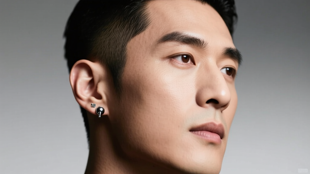 Close-up of a man wearing an 18-gauge titanium stud in his left ear lobe, soft studio lighting highlighting his jawline and fade.