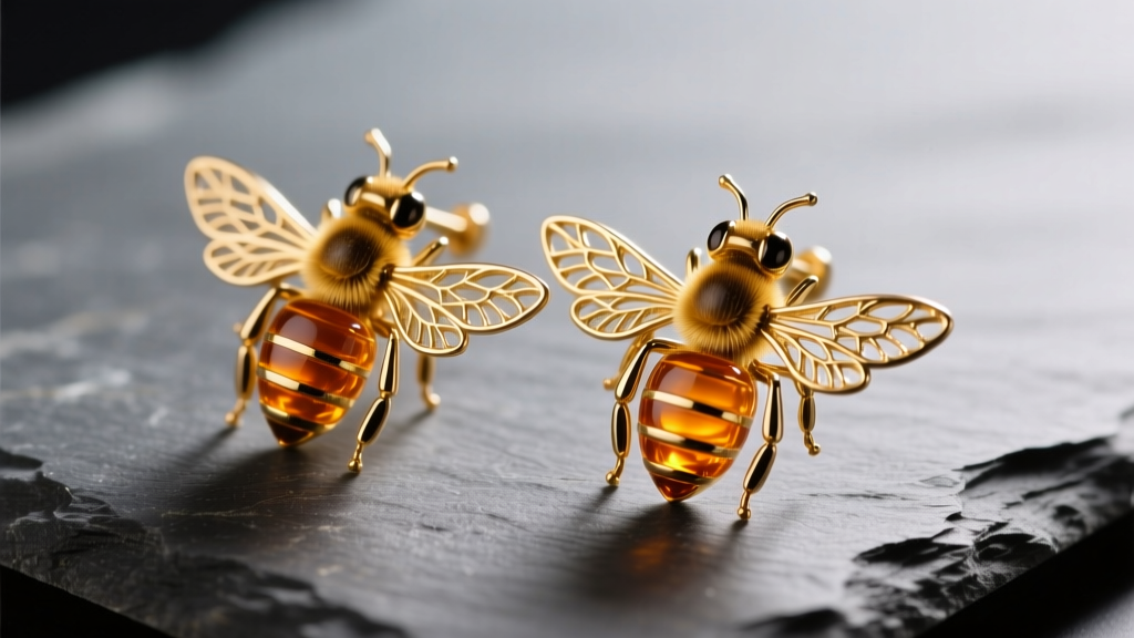Macro shot of gold honey bee earrings on slate, highlighting filigree wings and amber abdomens under soft studio lighting.