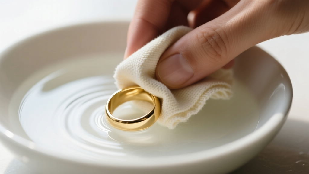 Hands gently wiping a gold tone plated brass ring with a damp microfiber cloth over a ceramic bowl of mild soapy water.