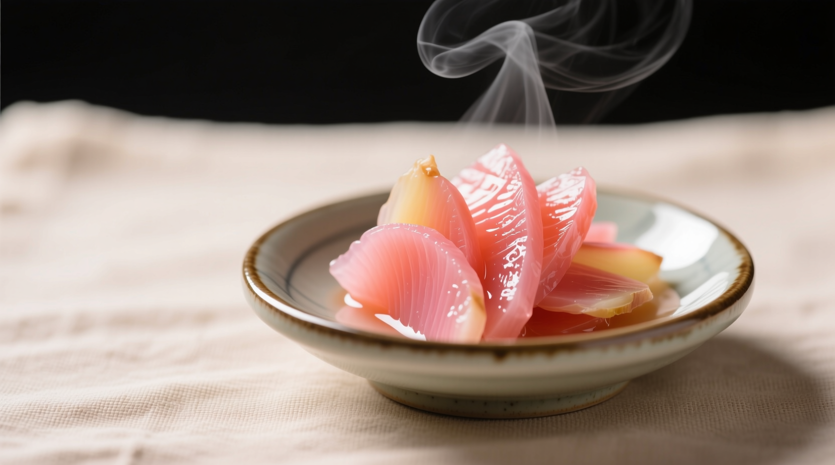 Close-up of pale pink pickled ginger slices beside fresh ginger root and sushi