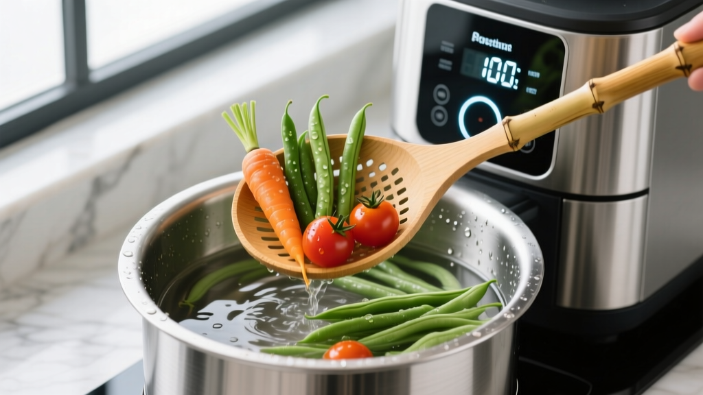 Overhead shot of bamboo skimmer lifting vegetables from stainless steel sous vide water bath with digital precision cooker attached