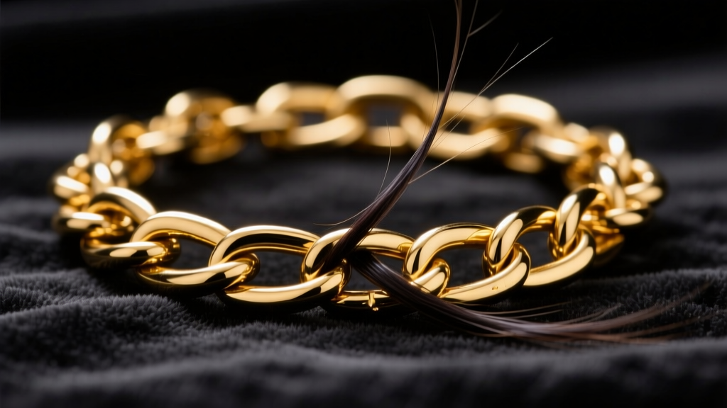 Macro shot of an 18k gold snake chain with a dark hair strand tangled in the links, resting on dark velvet under soft lighting.