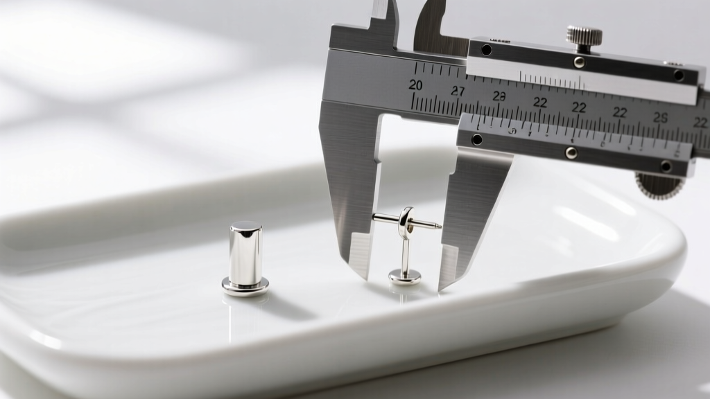 Side view of 20-gauge earring post next to a 22-gauge post on a ceramic tray, with calipers measuring metal width in sharp focus