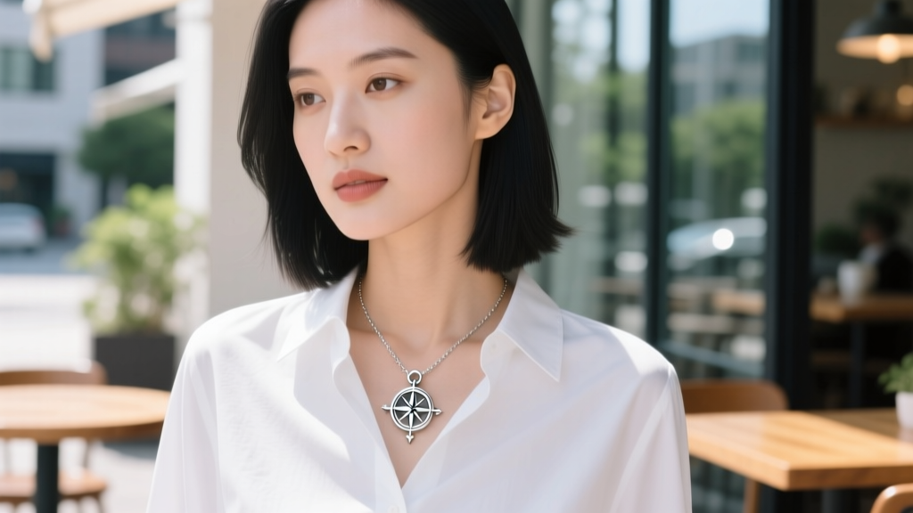 Close-up of a woman wearing a minimalist silver plated compass pendant necklace over a white blouse, bright natural daylight