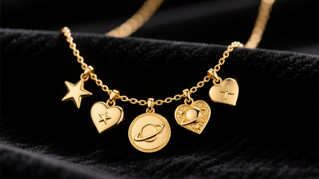 14k yellow gold charm necklace resting on dark velvet, soft studio lighting highlighting textured pendants and delicate chain links
