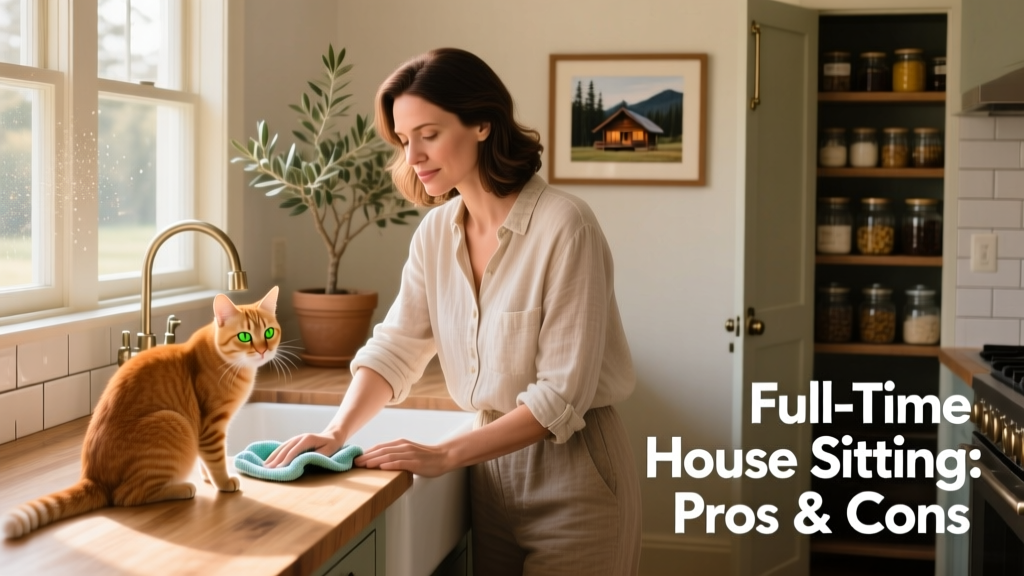 A woman carefully wipes down kitchen counters while a curious cat watches from the counter nearby.