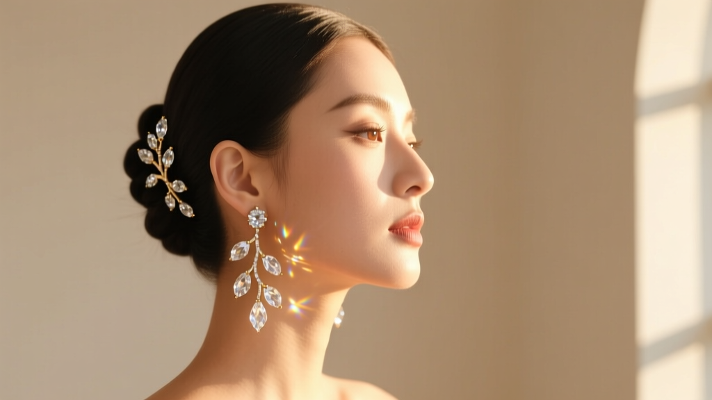 Profile of a woman wearing crystal vine clip earrings with hair swept up, golden hour light illuminating the clear glass gems.