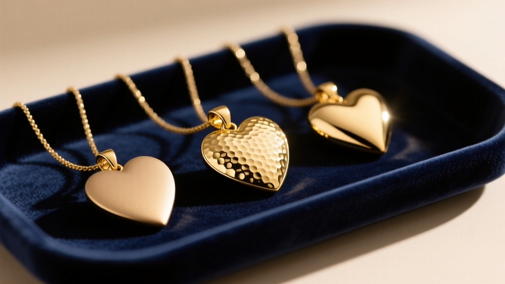 Three 14k gold heart pendants on a velvet tray, showing matte, hammered, and high-polish finishes under warm directional light.