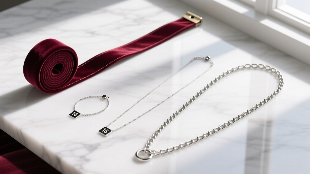 Overhead flat lay of a velvet measuring tape next to three silver chain necklaces of varying lengths on a white marble surface
