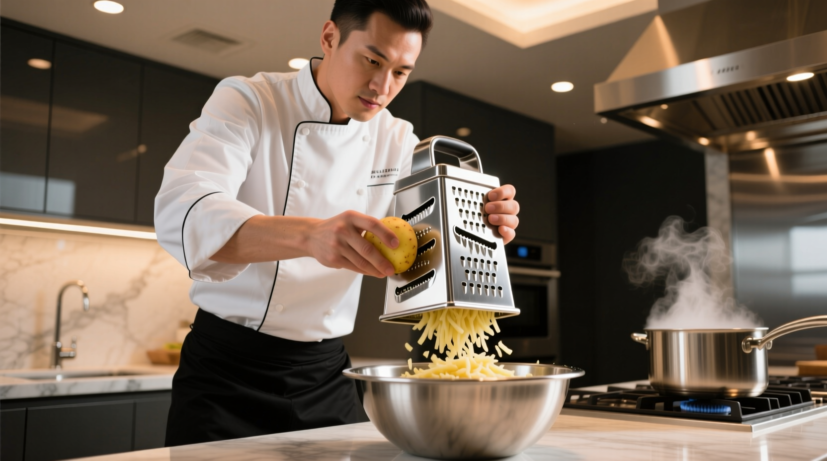 Professional chef using stainless steel potato shredder