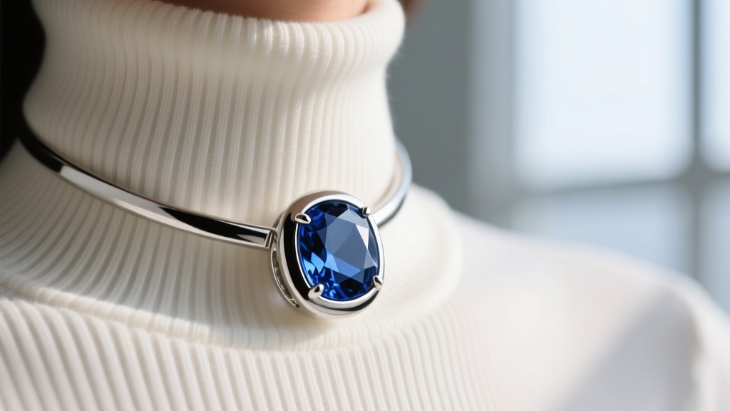Side view of a bezel-set sapphire pendant resting against a ribbed turtleneck collar, highlighting the smooth flush metal edge