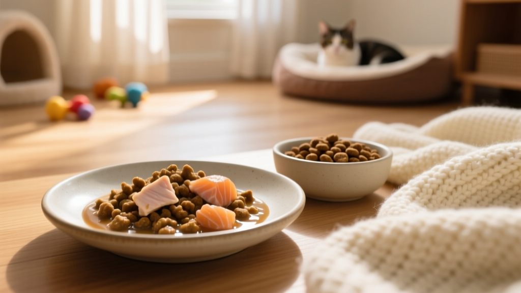 A close-up of a shallow dish containing nutrient-rich wet kitten food beside a small bowl of kibble, with a soft blanket and quiet space in the background