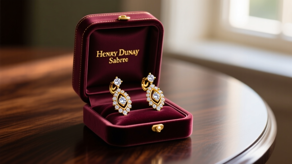 Elegant open velvet box revealing 18k yellow gold Henry Dunay Sabre earrings with pavé diamonds, resting on a dark mahogany table.