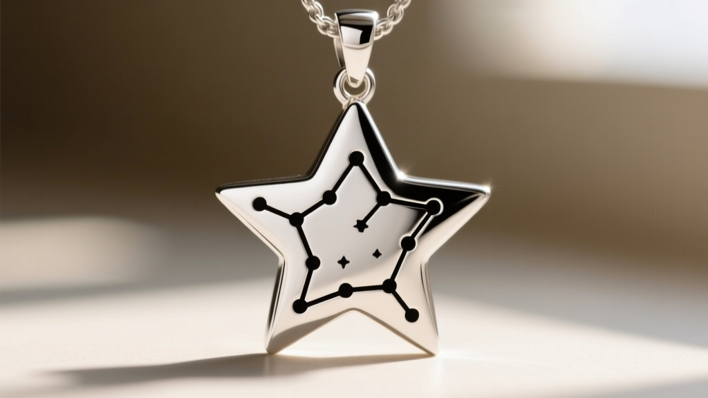 Macro shot of Argentium silver star map pendant highlighting high-contrast dark oxidized engraving against bright polished metal