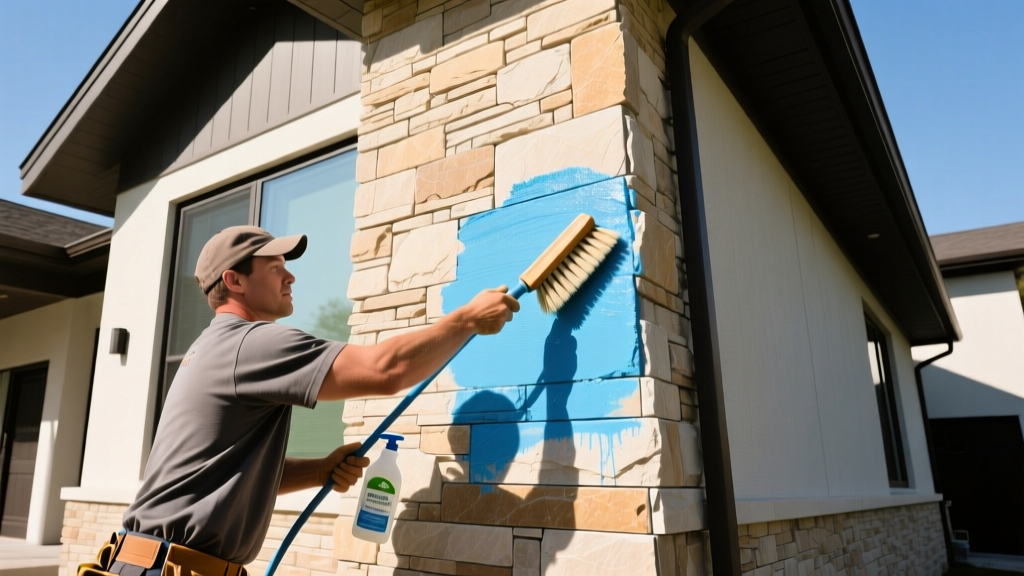 Contractor scrubbing a manufactured stone veneer house exterior with a soft bristle brush and specialized cleaning solution on a sunny day