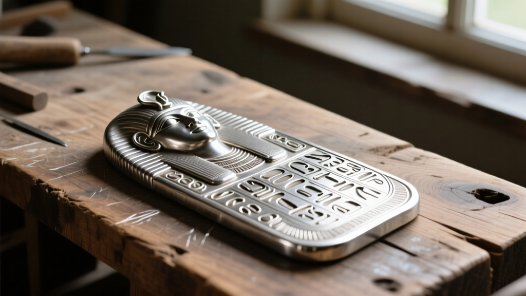 Close-up of a cast silver cartouche beside a hand-chased piece, showing sharp hieroglyph edges and tool marks on a wood workbench.