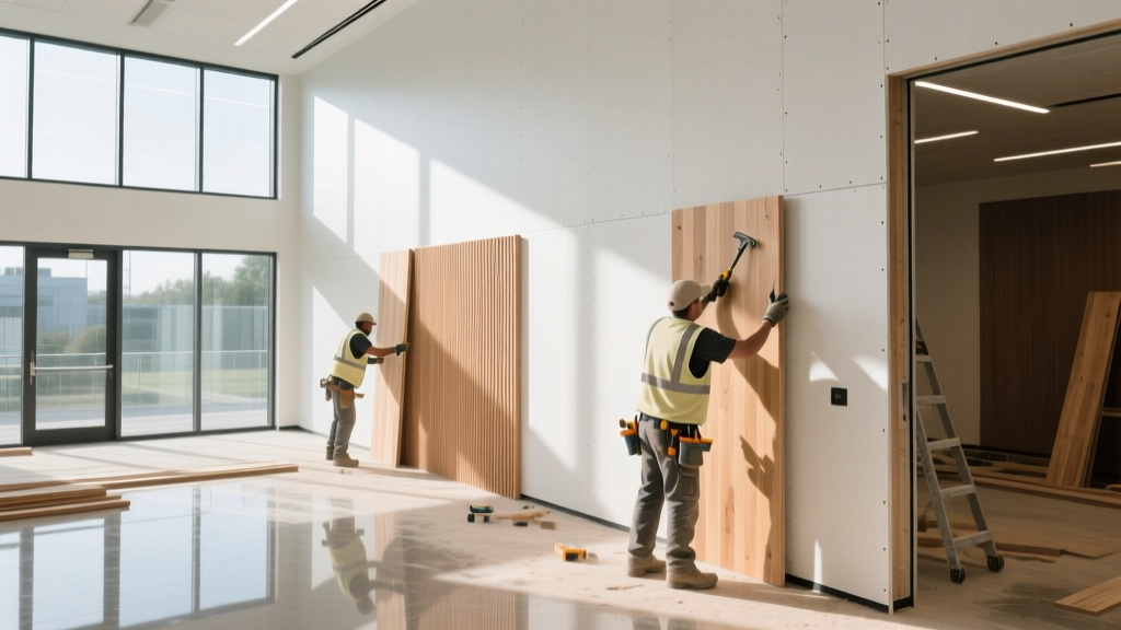 Workers installing natural wood acoustic panels and zero-VOC drywall in a bright, well-ventilated modern commercial building interior.