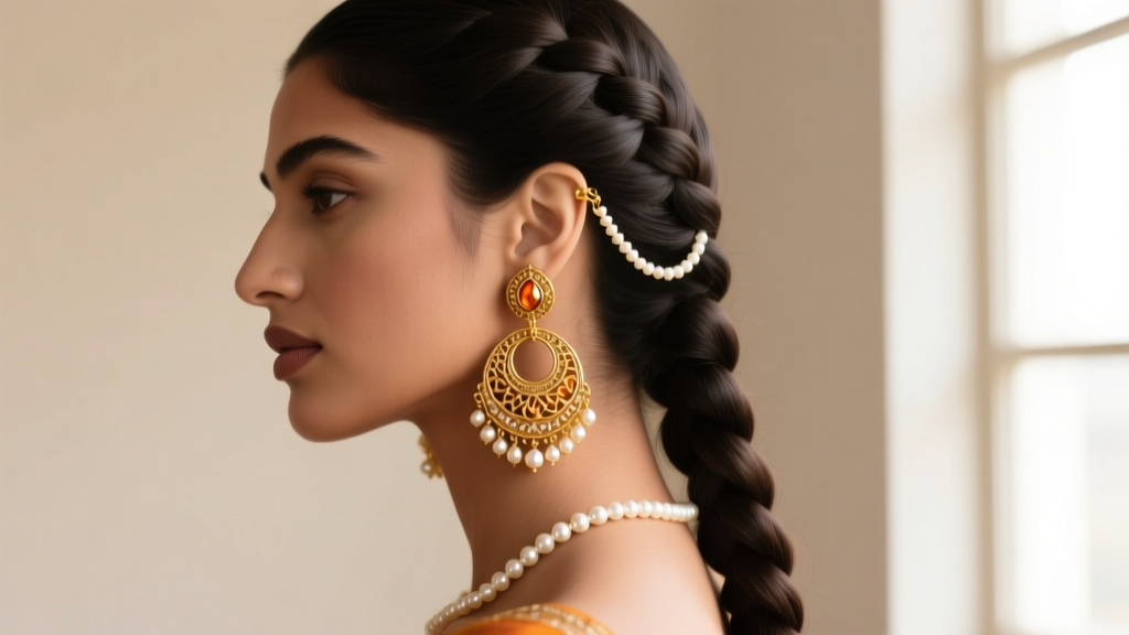 Side profile of a woman wearing heavy gold jhumka earrings supported by a delicate pearl sahaara chain hooked into braided hair.