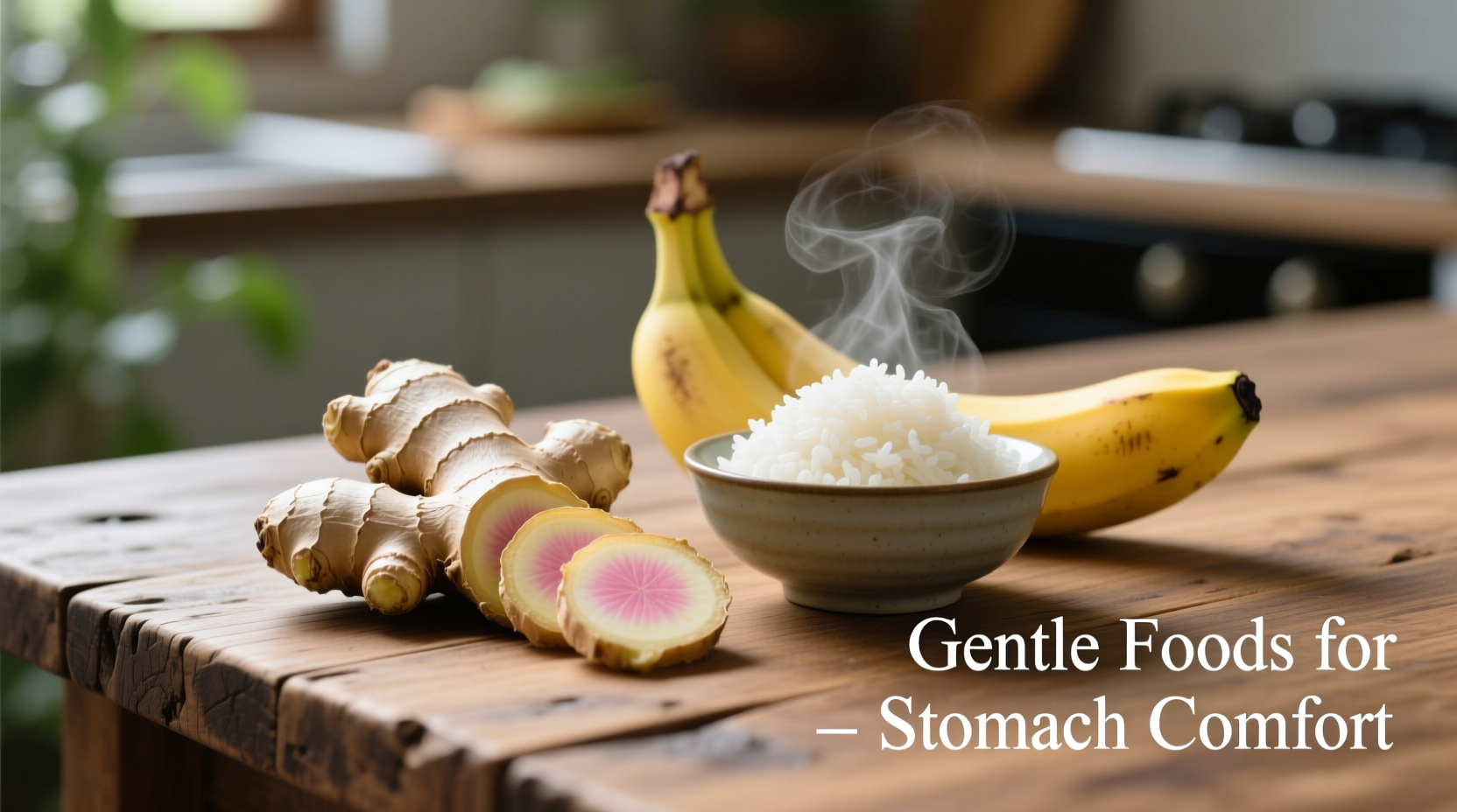 Gentle foods for upset stomach including ginger, bananas, and rice