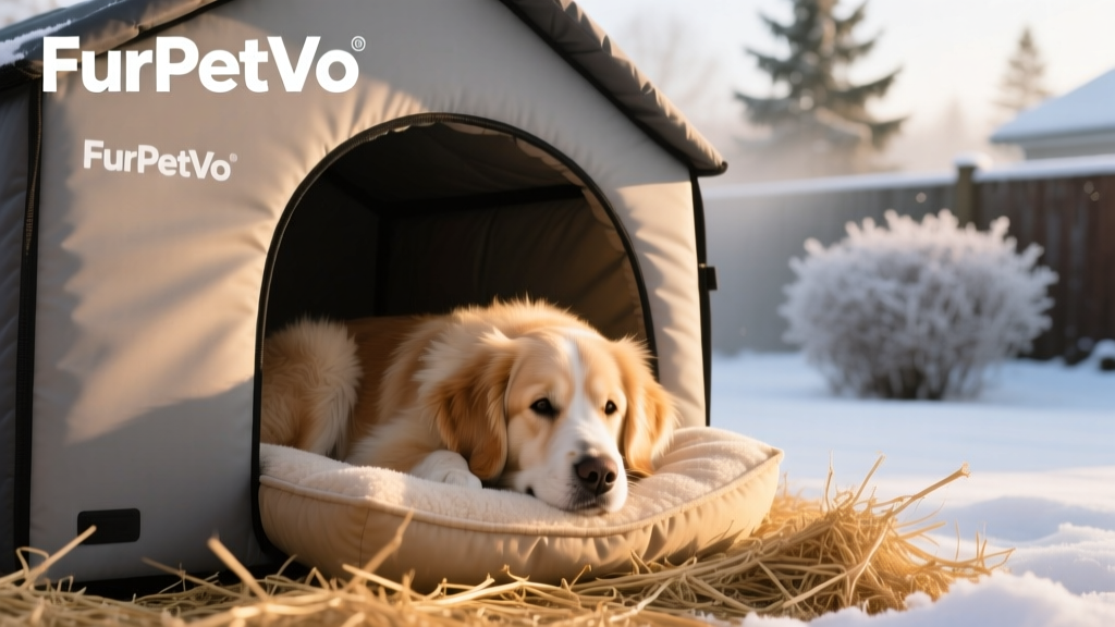 Close-up of a dog curled up on straw bedding inside a FurPetVo insulated dog house
