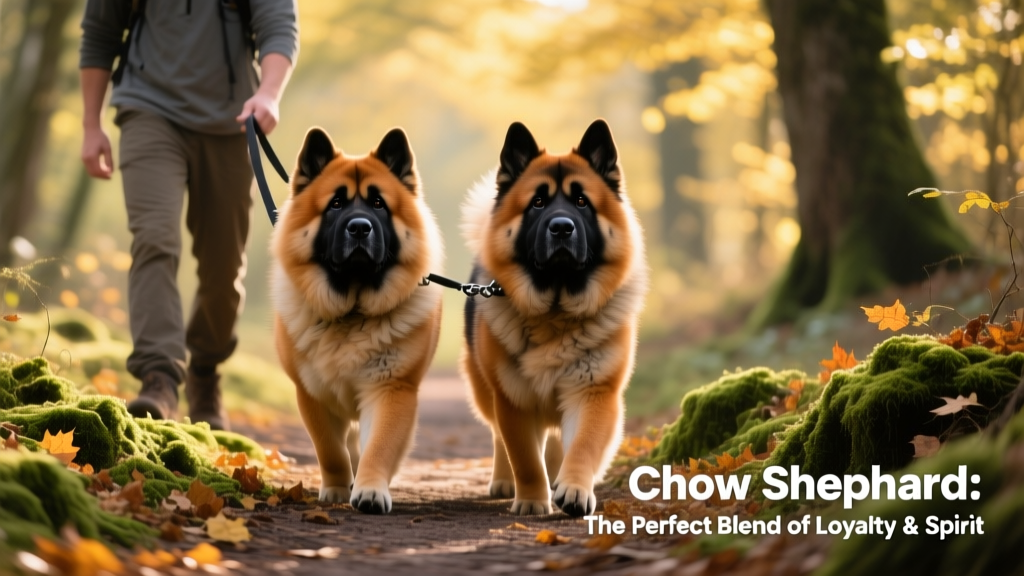 Two Chow Shepherds walking side-by-side on a forest trail, leashed and attentive, demonstrating calm confidence and strong bond with their handler