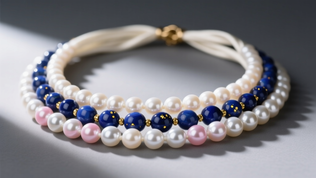 Close-up of a multi-strand pearls and beads necklace featuring white Akoya pearls and dark blue lapis lazuli beads on a silk cord