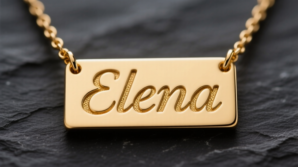 Macro shot of a 10k gold name plate necklace spelling Elena on dark slate, highlighting laser-cut edges and warm alloy tone.