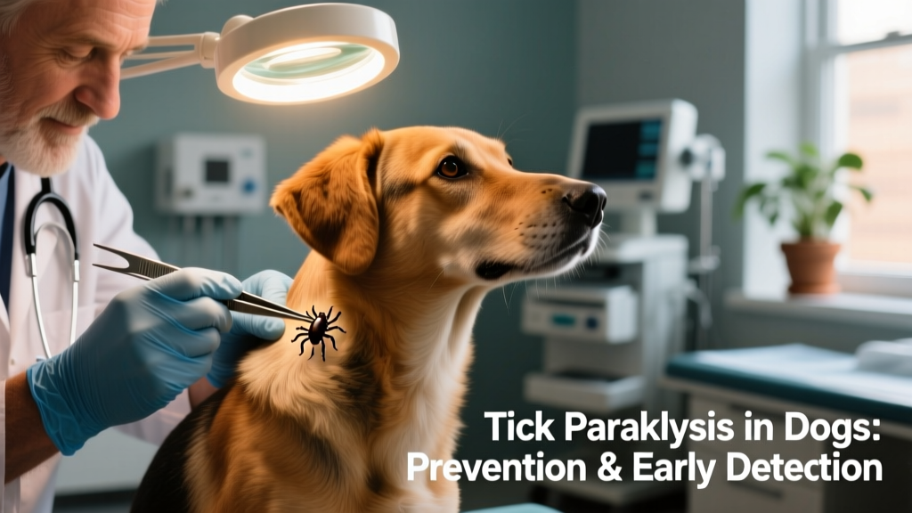 Veterinarian carefully removing a tick from a dog’s shoulder using precision tweezers, with magnifying lamp nearby