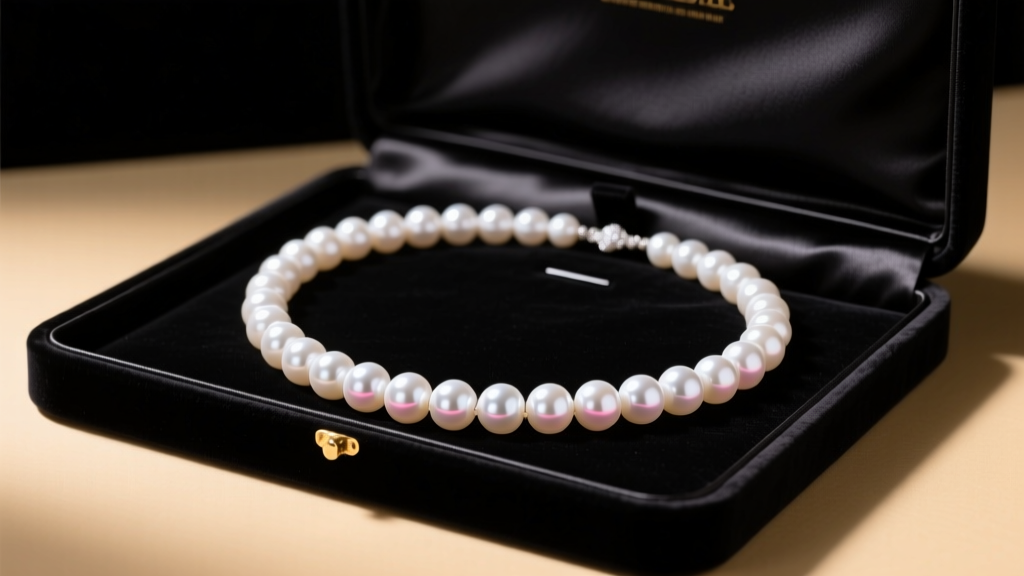 Open velvet box showing a 32-inch knotted white Akoya opera length pearl necklace on dark satin under soft studio lighting