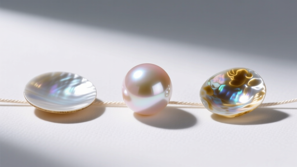 Flat lay comparison of three pearl types: a round Akoya, a flat coin pearl, and a highly lustrous, irregularly shaped keshi pearl.
