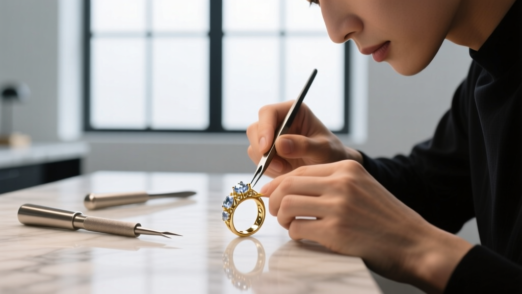 Jeweler's hands using micro-crimping pliers to fold a 2x2mm sterling silver crimp tube over a thin 49-strand nylon-coated wire.