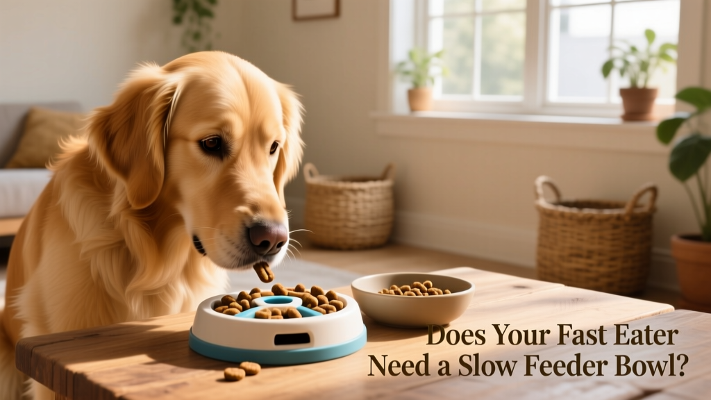 A dog interacting with a treat-dispensing puzzle toy filled with kibble