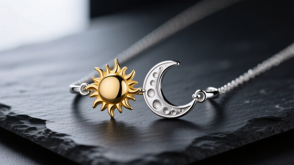 Macro shot of matching sun and moon couple necklace set in polished 925 sterling silver on dark slate, soft studio lighting